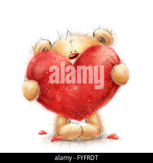 Orsacchiotto di peluche con il grande cuore rosso.Valentines greeting card. Amore design.amore.Ti amo card. Amore poster. Valentines day poster Foto Stock