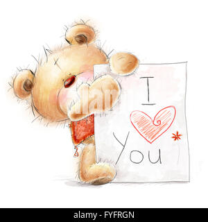 Simpatico orsacchiotto con la grande carta con il testo. Sfondo con orso e del cuore.Valentines greeting card. Love design. Foto Stock