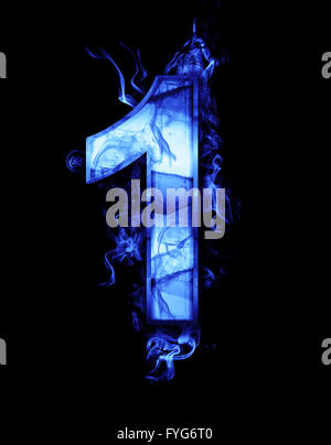 Una rappresentazione del numero con effetti di cromo e di fuoco blu su sfondo nero Foto Stock