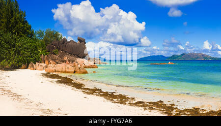 Panorama della spiaggia sull isola Curieuse a Seychelles Foto Stock