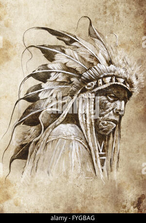 Schizzo di arte del tatuaggio, Native American Indian Head, chief, in stile vintage Foto Stock
