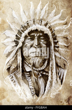 Schizzo di arte del tatuaggio, Native American Indian Head, chief, in stile vintage Foto Stock