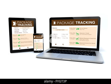Eseguire il rendering di un smartphone, un tablet pc e un computer con pacchetto web tracking sullo schermo. Tutti i grafici sono fatti. Foto Stock