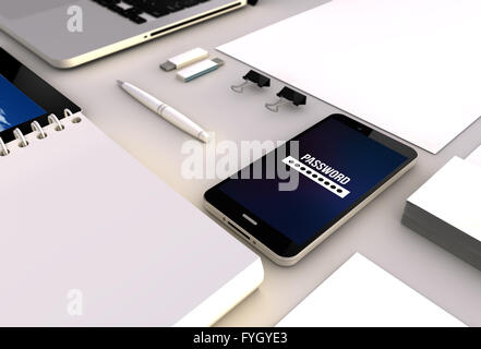 Concetto di sicurezza: vista ravvicinata di un 3d generati touchscreeen smartphone con la password sullo schermo. Grafici dello schermo sono realizzati Foto Stock