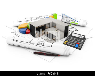 Architettura concetto di finanze: Casa di calcestruzzo su terreni con grafica e una calcolatrice isolati su sfondo bianco Foto Stock