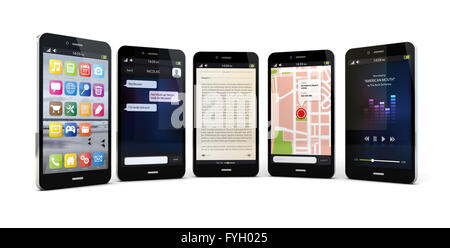 Eseguire il rendering di cinque telefoni intelligenti con diverse applicazioni sullo schermo Foto Stock