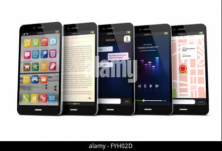 Eseguire il rendering di cinque telefoni intelligenti con diverse applicazioni sullo schermo Foto Stock