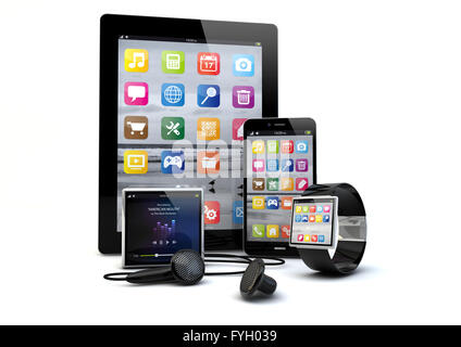 Eseguire il rendering di un gruppo di gadget: tablet pc, smart phone, smart watch e un lettore multimediale. Foto Stock