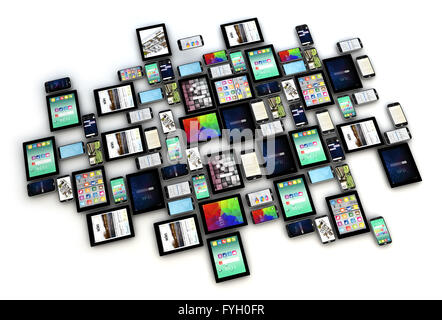 Eseguire il rendering di una collezione di smartphone e tablet con schermi differenti isolati su sfondo bianco Foto Stock