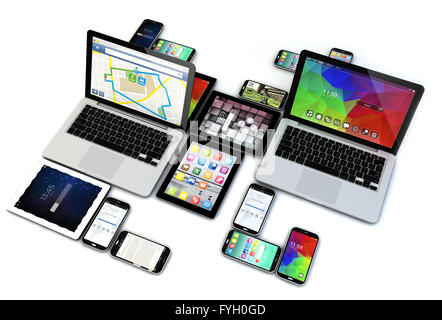 Eseguire il rendering di un gruppo di 3d generati i dispositivi. Tutti i grafici dello schermo sono realizzati fino Foto Stock