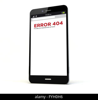 Eseguire il rendering di un telefono con errore 404 sullo schermo isolato. Grafici dello schermo sono costituiti. Foto Stock