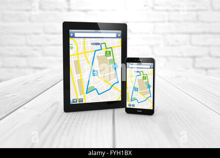 La navigazione satellitare GPS e posizione la pianificazione del percorso concetto: digitale generato smartphone e tablet wireless con computer nav Foto Stock