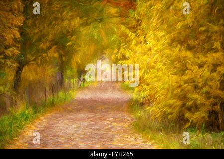 Pittura ad Olio paesaggio autunnale - percorso alberato con foglie di autunno Foto Stock