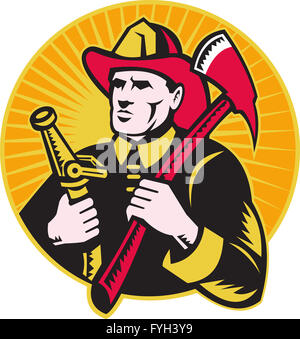 Fireman firefighter holding ax manichetta antincendio Foto Stock