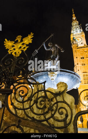 Fontana del Nettuno di fronte al Municipio, Gdansk Foto Stock