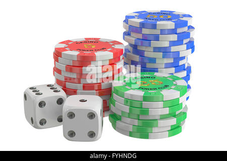 Casino chip e dadi, 3D rendering isolati su sfondo bianco Foto Stock