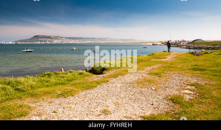 Weymouth, Inghilterra - 18 Maggio 2013: una persona che cammina sul Rodwell sentiero percorso accanto al porto di Portland nel Dorset. Foto Stock