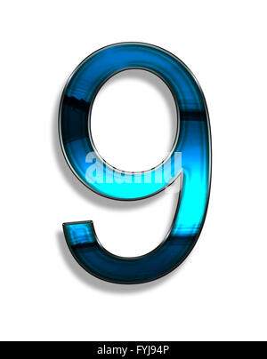 9, illustrazione di numero con cromato blu effetti su sfondo bianco Foto Stock