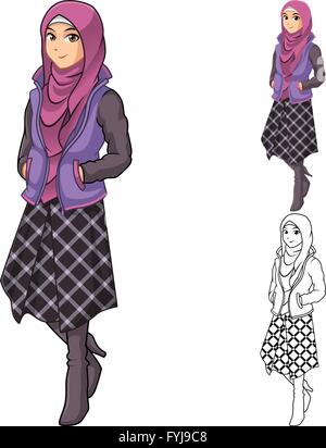 Donna musulmana la moda indossando viola velo o sciarpa con giacca e gonna linea Outfit includono design piatto e delineato la versione Illustrazione Vettoriale