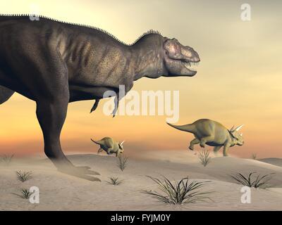 Triceratops fuoriesca dal tirannosauro- 3D render Foto Stock