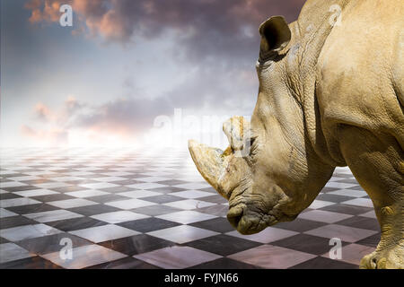 Potente rhino.gamero a scacchi, pezzi con pavimento di marmo Foto Stock