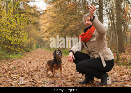 Donna di mezza età è thorowing il bastone Foto Stock