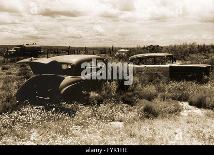Due classiche berline lasciati a marcire in un campo al di fuori rotta antica 66/Interstate 40, Nuovo Messico, Stati Uniti d'America. Foto Stock