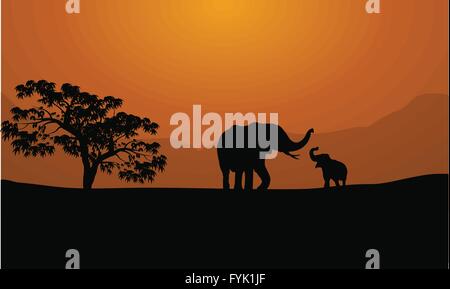 Sagome di elefanti su sfondi di montagna Illustrazione Vettoriale