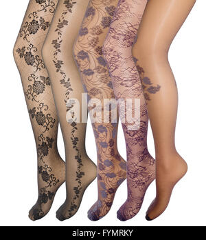 Gambe femminili in vari collant, collant Foto Stock