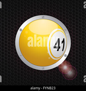 Giallo 3D Bingo palla sul telaio metallico con viti su nero metallico a nido d'ape sullo sfondo Foto Stock