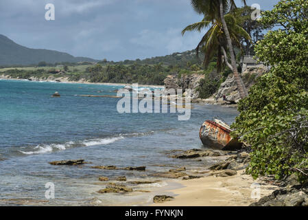 Un vecchio arrugginito barca su una spiaggia deserta vicino al lungomare di Esperanza, una piccola cittadina di Puerto Rico Vieques Island Foto Stock