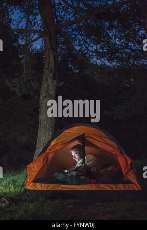 L'uomo guarda il suo smartphone in una tenda di notte. Foto Stock