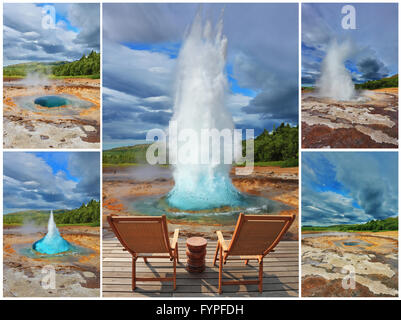 Collage - scheda del geyser Strokkur in Islanda Foto Stock