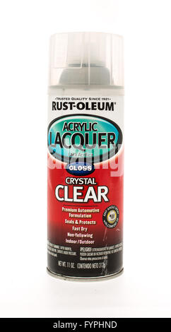 Winneconne, WI - 15 Maggio 2015: Può di ruggine Oleum Lacca acrilica crystal clear gloss. Foto Stock