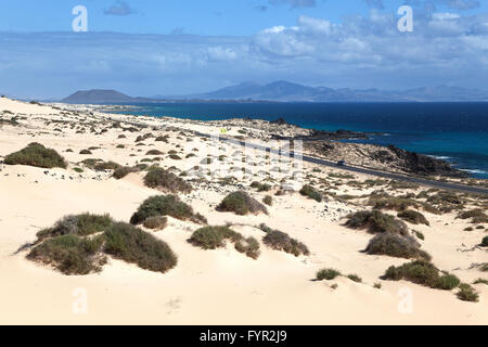 Strada FV 1 nelle dune erranti El Jable, Las Dunas de Corralejo, Corralejo parco naturale, dietro l'isola di Los Lobos e Foto Stock