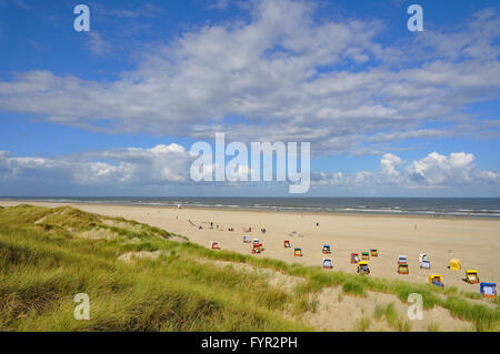 Sedie a sdraio sulla spiaggia, isola, Juist, Est Isole Frisone, Bassa Sassonia, Germania Foto Stock