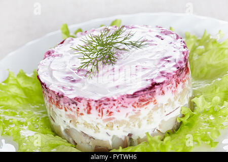 Insalata "aringa sotto una pelliccia"su una piastra bianca Foto Stock