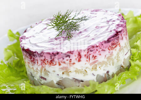 Insalata "aringa sotto una pelliccia"su una piastra bianca Foto Stock