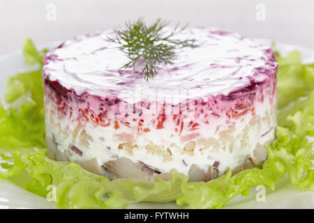 Insalata "aringa sotto una pelliccia"su una piastra bianca Foto Stock