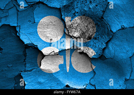 Bandiera dell'OPEC dipinta sulla parete incrinato Foto Stock