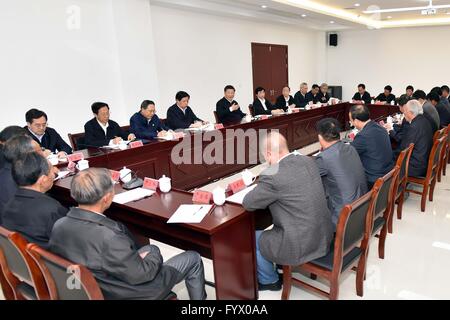 Hefei, cinese della provincia di Anhui. Xxv Aprile, 2016. Il presidente cinese Xi Jinping(gesticolando) presiede un simposio sulla riforma rurale Antonio nel villaggio di Fengyang County, est cinese della provincia di Anhui, 25 aprile 2016. © Li Tao/Xinhua/Alamy Live News Foto Stock