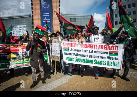 Biafrans tenere la protesta presso il quartiere dell Unione Europea a Bruxelles, in Belgio il 28.04.2016 manifestanti indipendenza richiesta per il Biafra che è la parte della Nigeria. Il Biafra era un paese indipendente dal 1967 al 1970. Ora vi è un forte movimento secessionista. da Wiktor Dabkowski Foto Stock