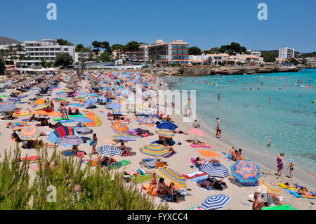 Spiaggia Son Moll, Cala Rajada, Mallorca, Spagna / Cala Ratjada, ombrelloni, bay Foto Stock