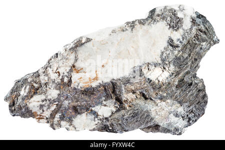 Le riprese in modalità macro di minerali naturali di pietra - grigio minerale bismutina iridato e nativi di bismuto nella roccia di quarzo isolati su whi Foto Stock