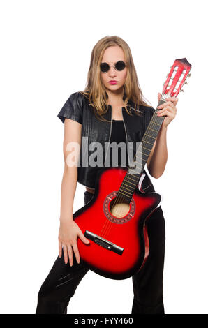 Giovane donna chitarrista isolato su bianco Foto Stock