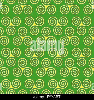 Vettore di Seamless pattern con moto vorticoso tripla spirale o Triskele, un complesso antico simbolo celtico, forme in giallo e blu su t Illustrazione Vettoriale