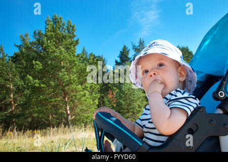 Piccolo bambino seduto nel passeggino sul giorno di estate Foto Stock