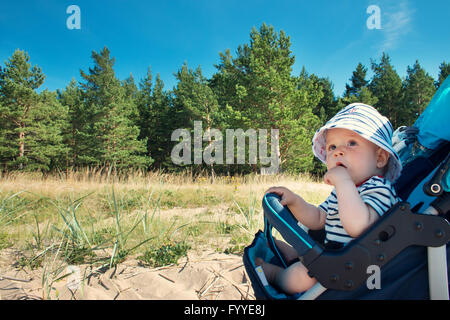 Piccolo bambino seduto nel passeggino sul giorno di estate Foto Stock