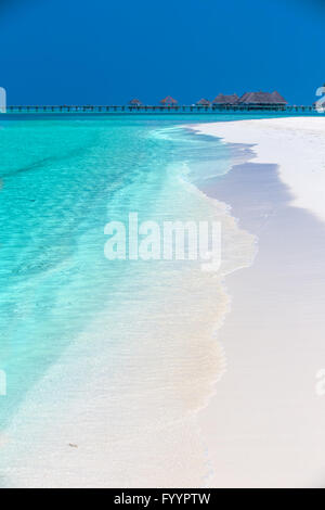 Isola tropicale con spiaggia sabbiosa, palme, bungalow Overwater e tourquise acqua chiara Foto Stock