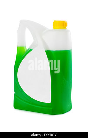 Bidone con liquido verde e etichetta vuota Foto Stock